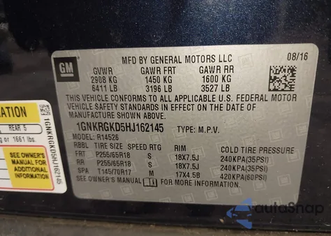 2017 Chevrolet Traverse 1Lt z USA, uszkodzony, nr VIN 1GNKRGKD5HJ162145